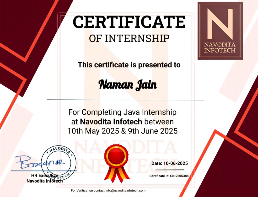 Java Developer Intern Certificate
